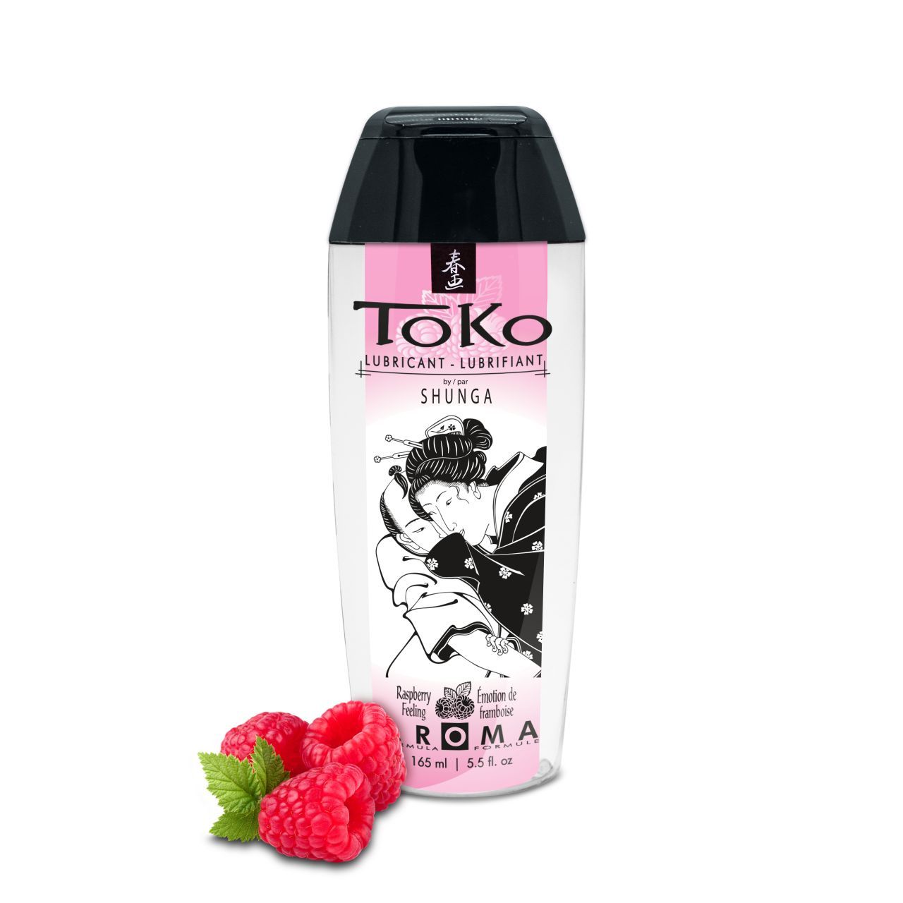 Lubrifiant Toko Shunga en flacon avec motif framboise. Contient 165 ml.