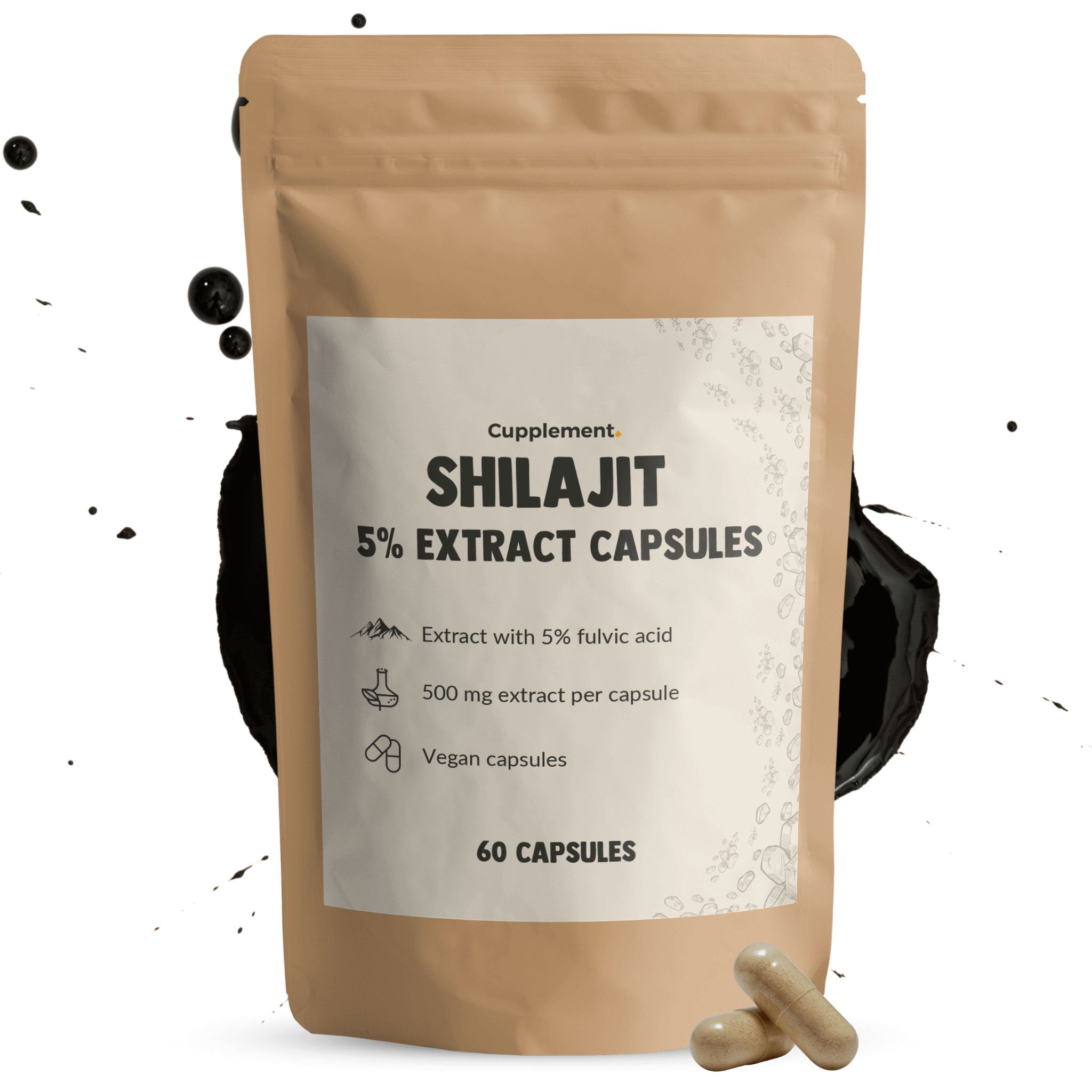 Zakje met Shilajit capsules. Opschrift: Shilajit 5% Extract Capsules. Bevat 60 capsules en twee capsules.