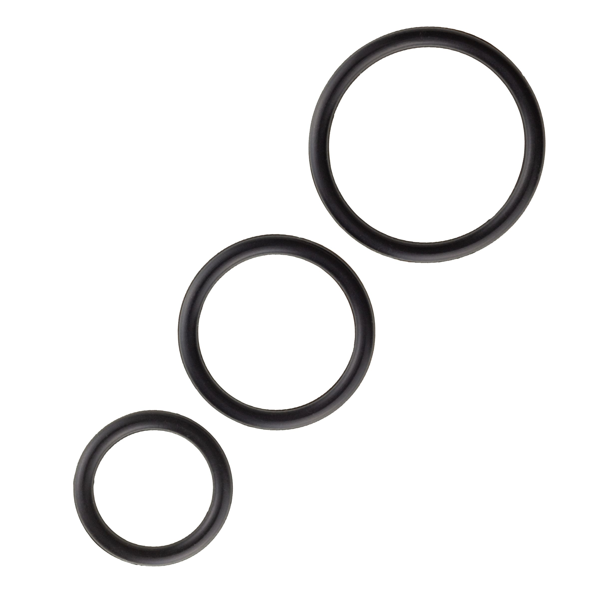 Drie zwarte ringen van verschillende grootte. De ringen zijn gemaakt van rubber of een vergelijkbaar materiaal.