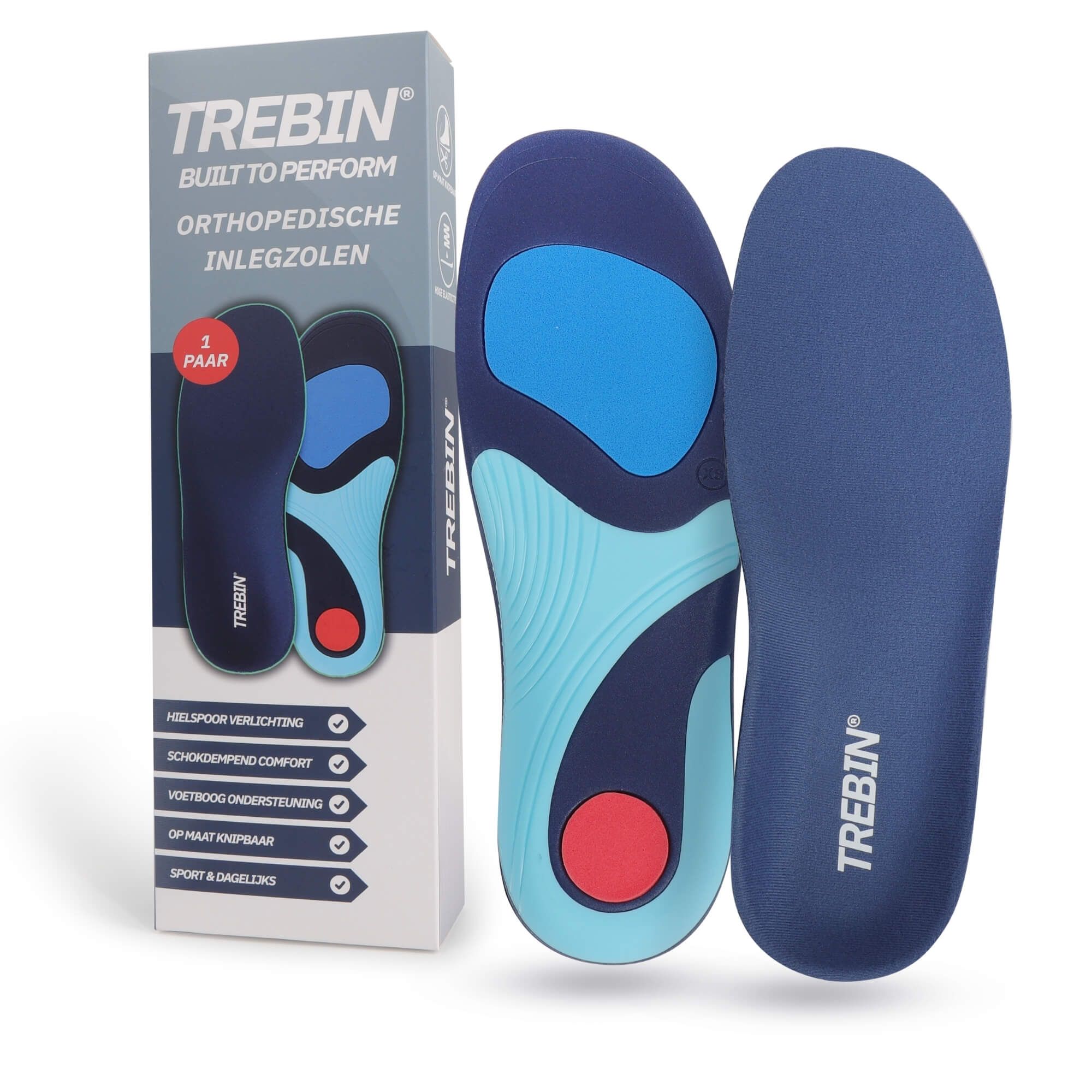 Deux semelles orthopédiques, dont une dans un emballage avec informations produit.