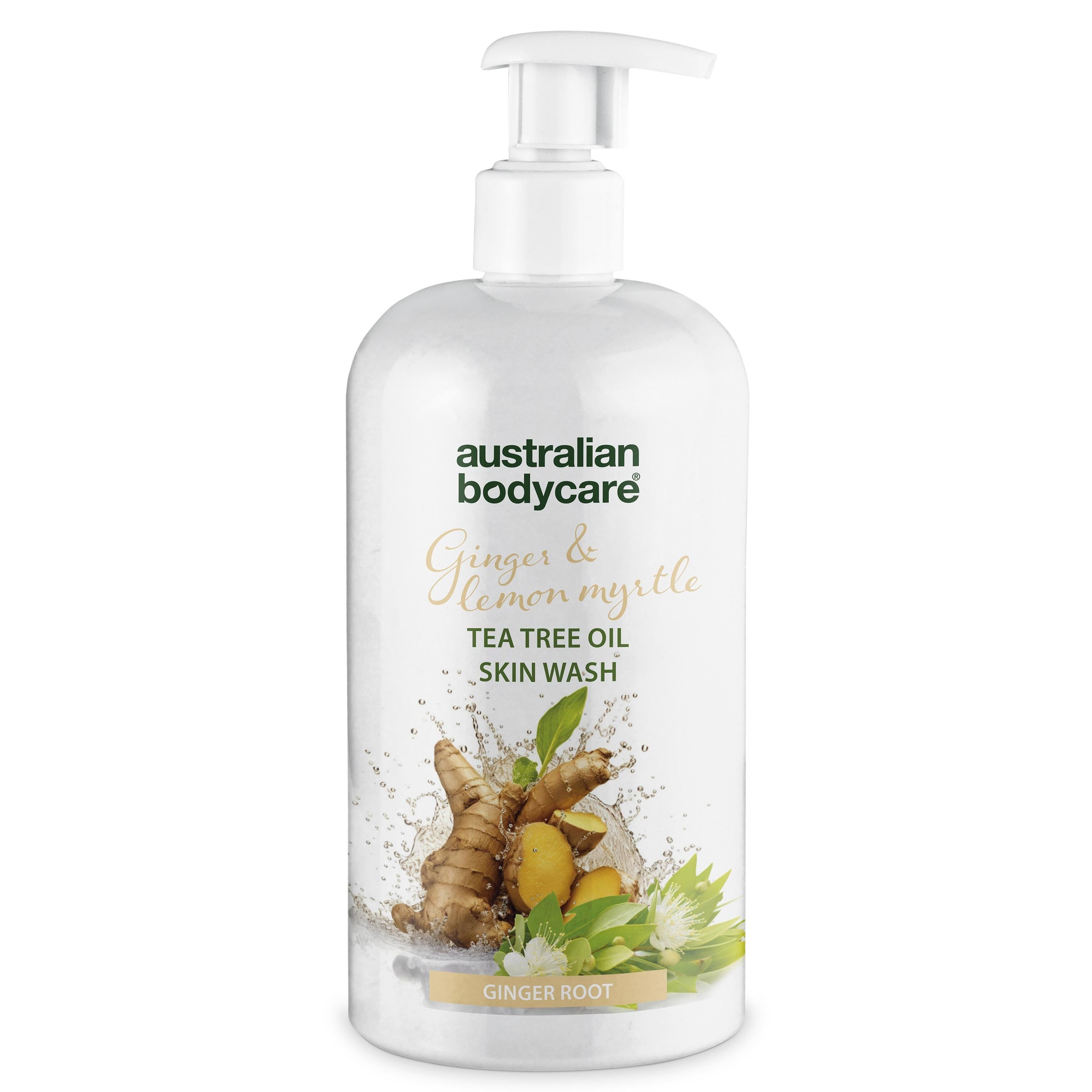 Flacon blanc avec pompe. Inscription : Australian Bodycare, Ginger & Lemon Myrtle, Tea Tree Oil Skin Wash.