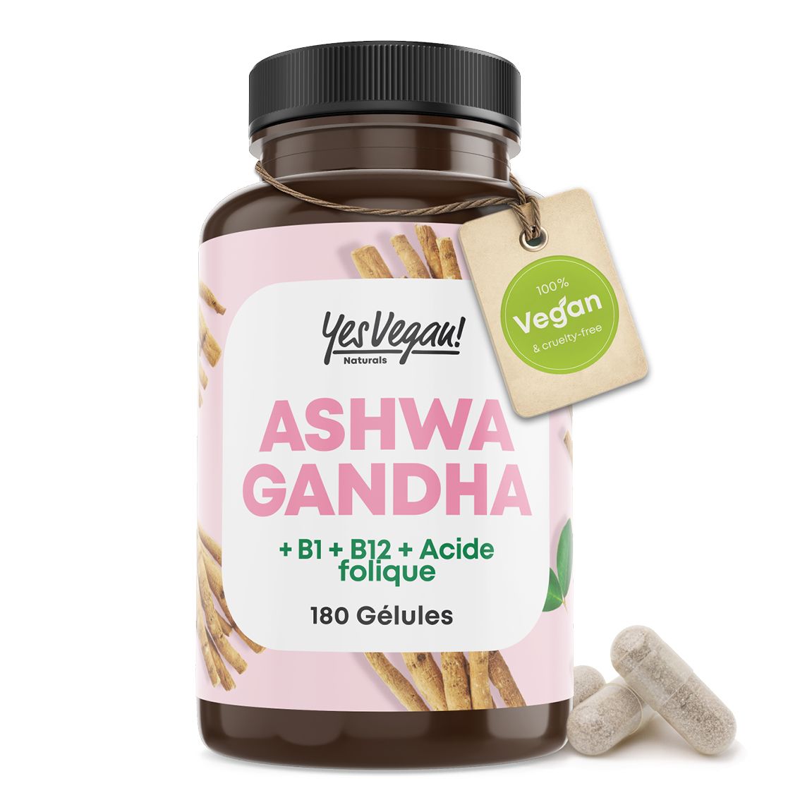 Bouteille Yes Vegan Ashwagandha avec 180 gélules. Étiquette rose, sceau '100% Vegan'.