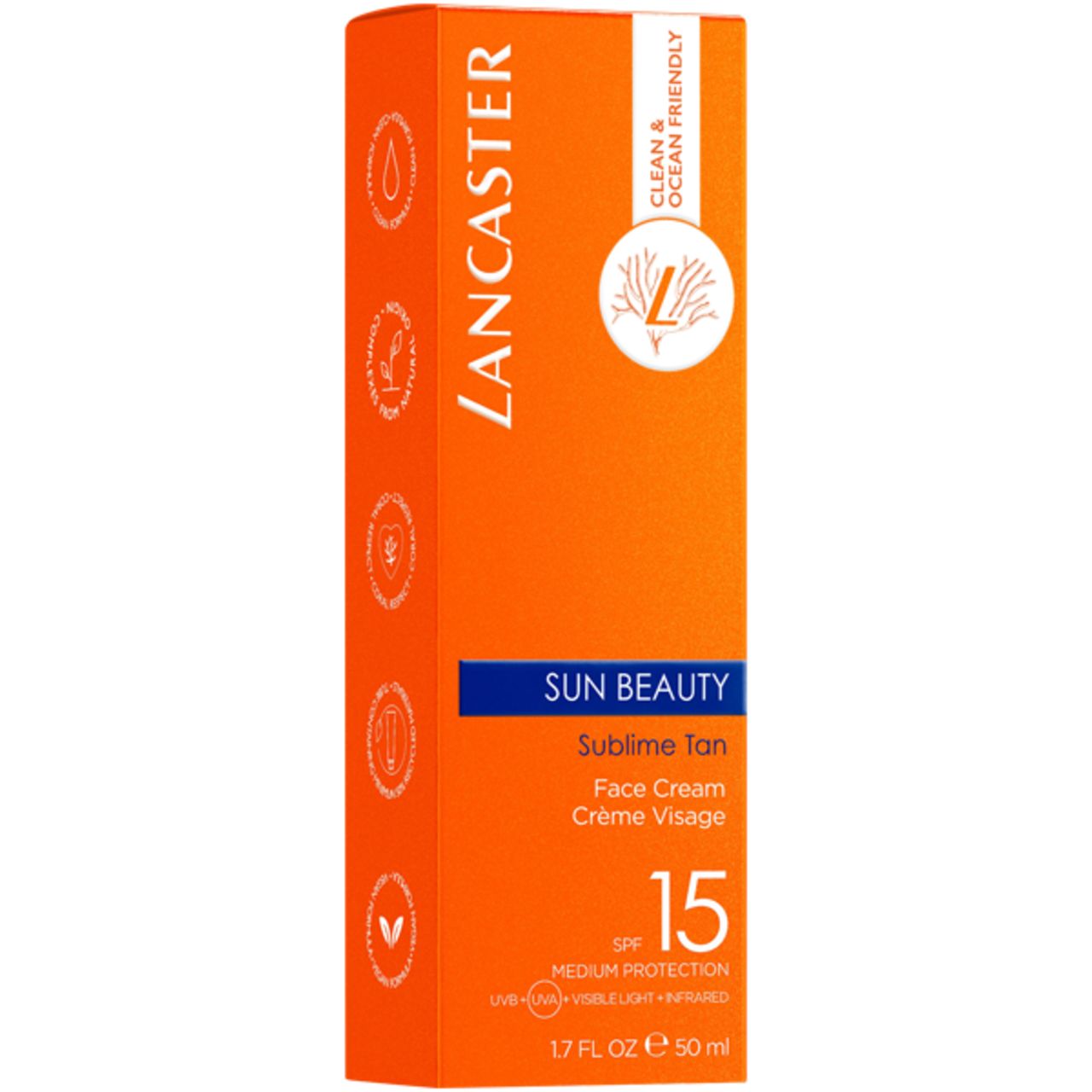 Emballage orange avec texte blanc. Lancaster Sun Beauty, SPF 15. Crème visage. Ocean Friendly.
