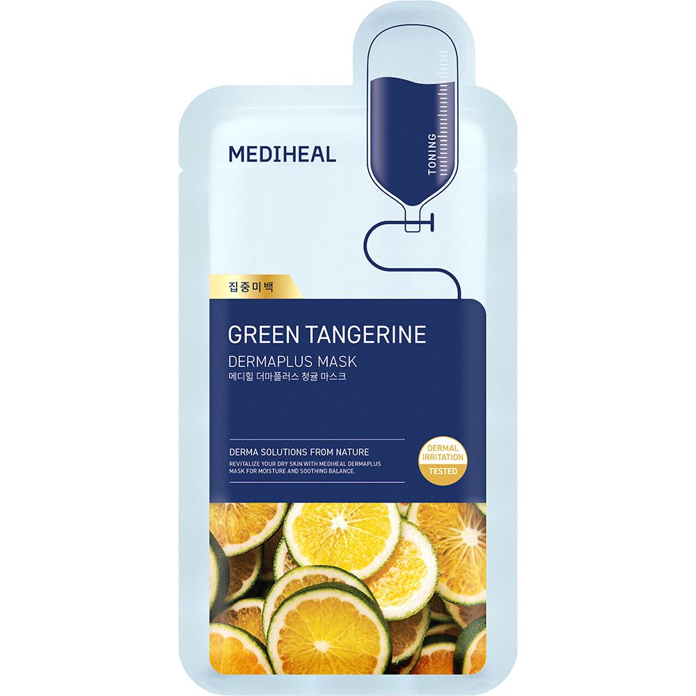 Emballage de masque bleu clair. Texte: MEDIHEAL Green Tangerine Dermaplus Mask. Illustration d'un liquide.