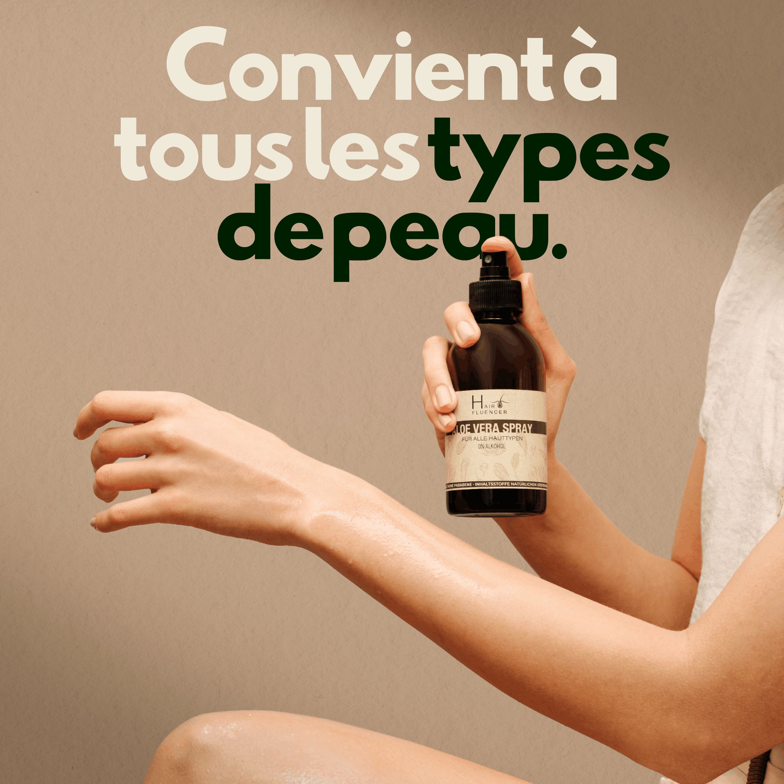 Personne tenant un flacon pulvérisateur. Texte: Convient à tous les types de peau.