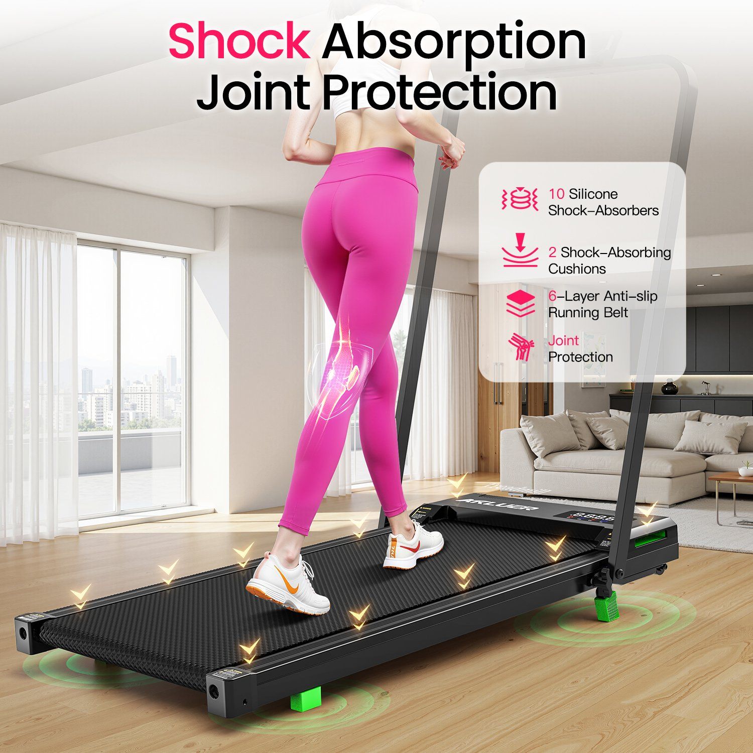 Tapis roulant avec femme, montrant 10 amortisseurs en silicone et protection des articulations.