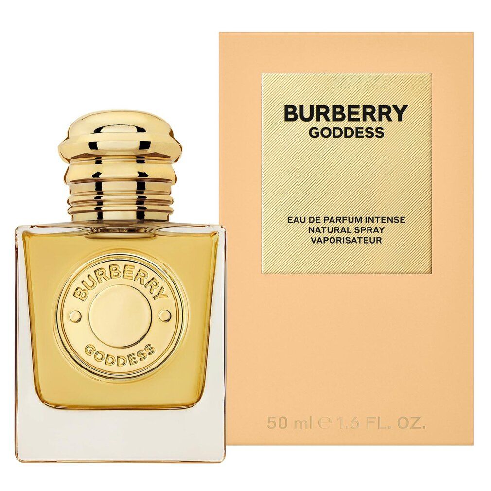 Flacon doré avec bouchon doré et étiquette. Boîte beige avec nom et détails du produit. 50 ml.