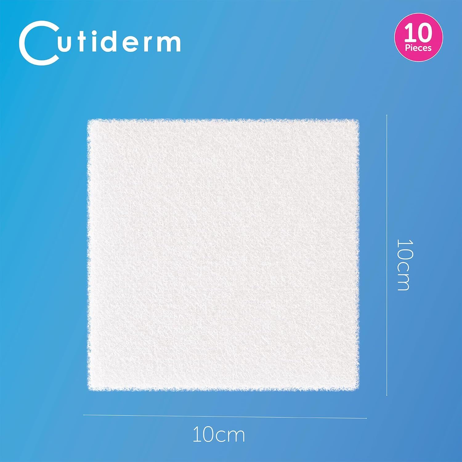 Witte, rechthoekige Cutiderm wondkompres, 10x10cm, met maataanduiding.