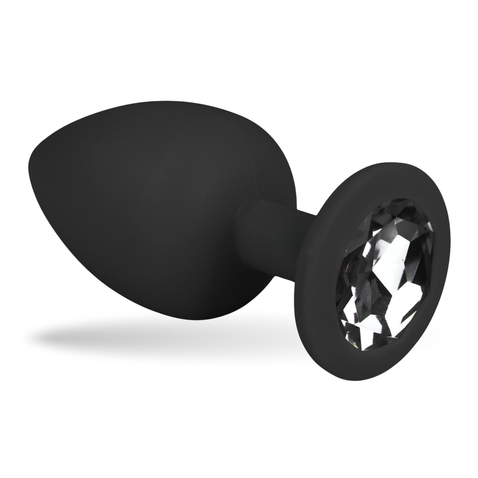 Zwarte anale plug met siersteen. Druppelvormige kop, ronde basis.