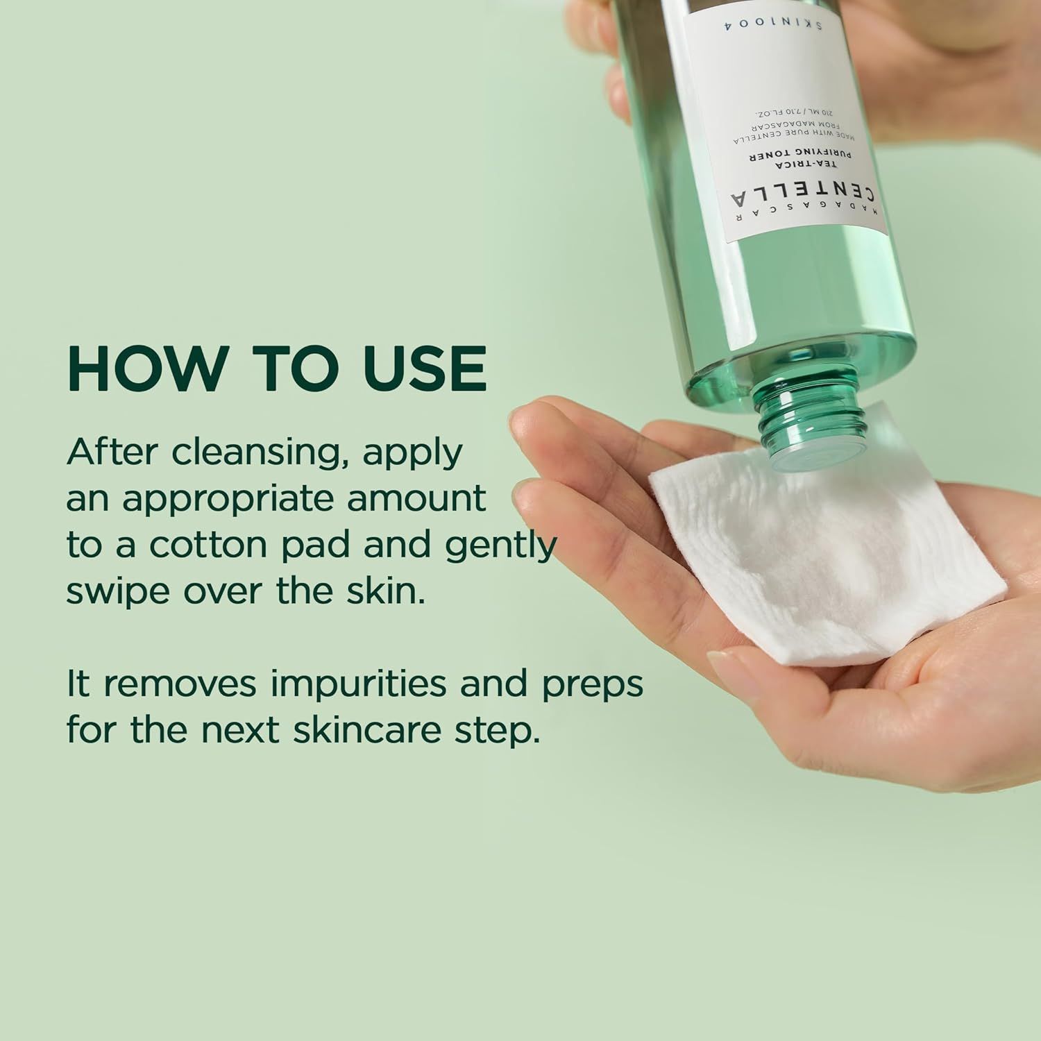 Groene fles met witte dop. Vloeistof wordt op wattenschijfje gegoten. Opschrift: MADAGASCAR CENTELLA.