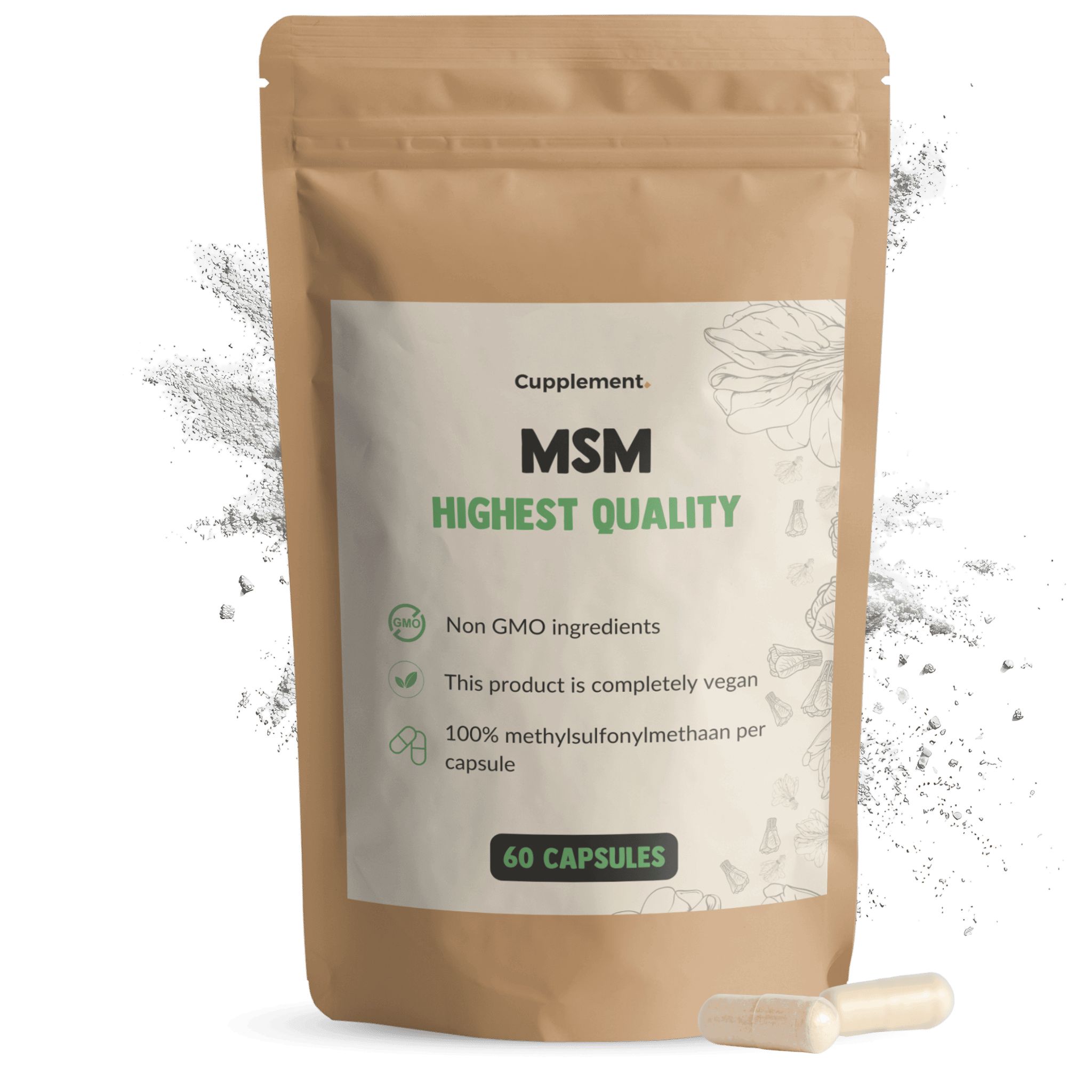 Sachet de capsules. Inscription: Cupplement, MSM, Highest Quality. 60 capsules. Végétalien, sans OGM.
