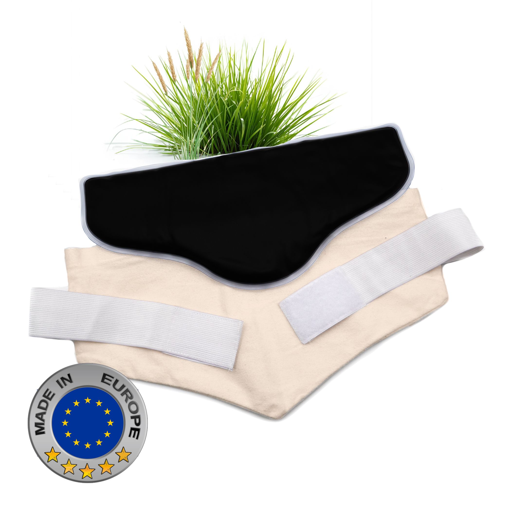 Zwart moorkussen, katoenen hoes, klittenband, EU-label.