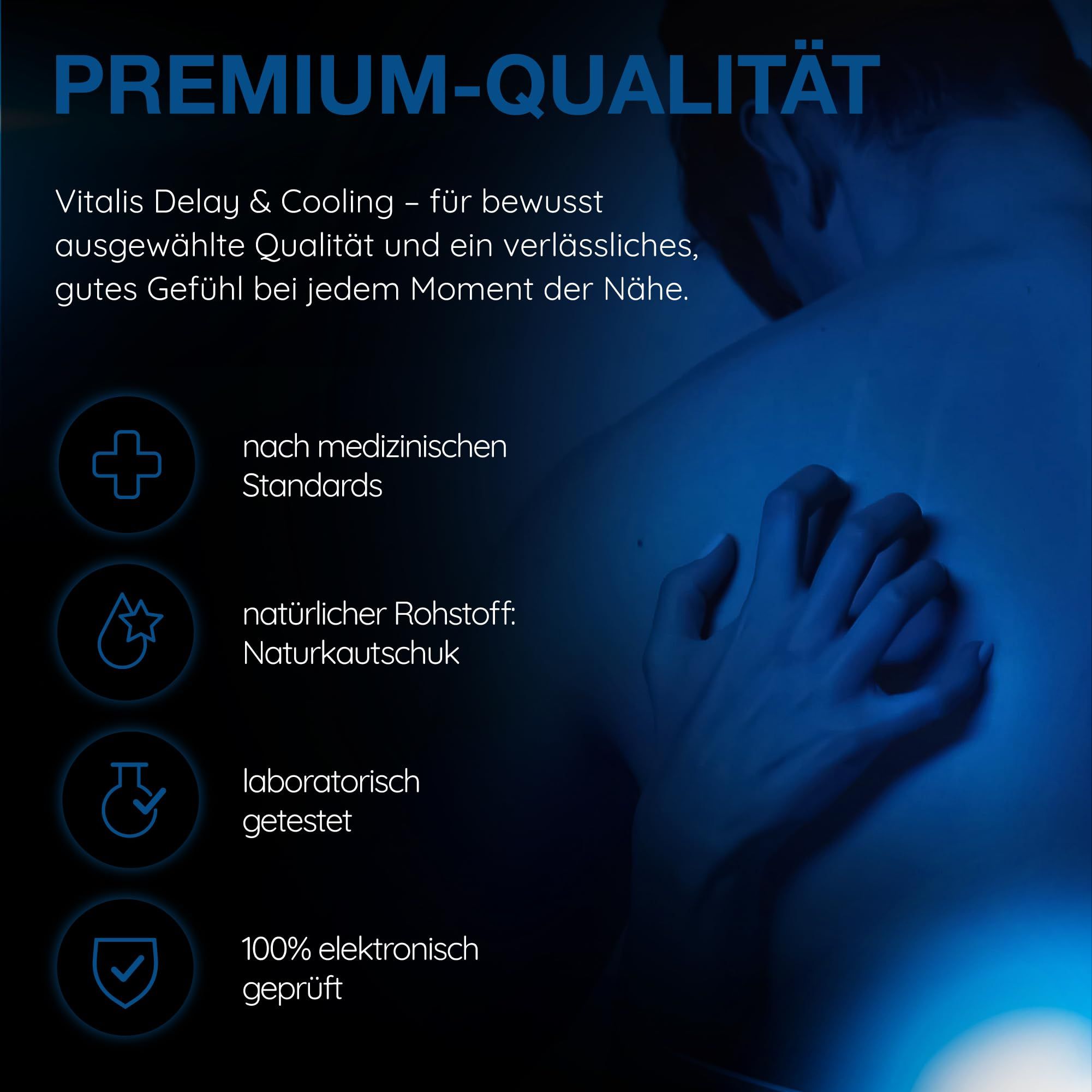 Vitalis PREMIUM Delay & Cooling: Normes médicales, latex naturel, testé en laboratoire, 100% testé électroniquement.