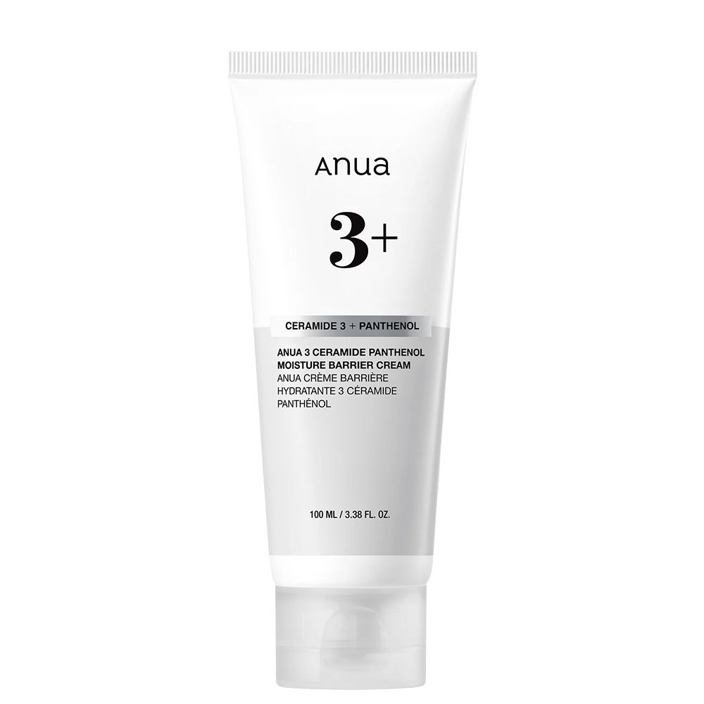 Witte tube Anua 3+ Ceramide Panthenol vochtinbrengende crème. Vooraanzicht van het product.