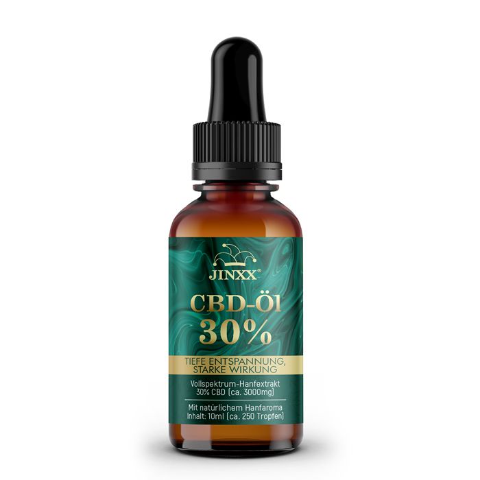 Bruine glazen fles met zwarte druppelaar. Etiket met "Jinxx" en "CBD-Öl 30%". Groen-goud design. Full-spectrum hennep extract.