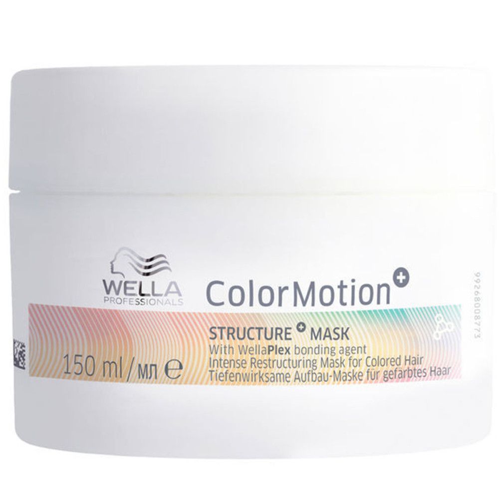Witte pot met opschrift ColorMotion+. Bevat 150 ml. Structure Mask voor gekleurd haar.