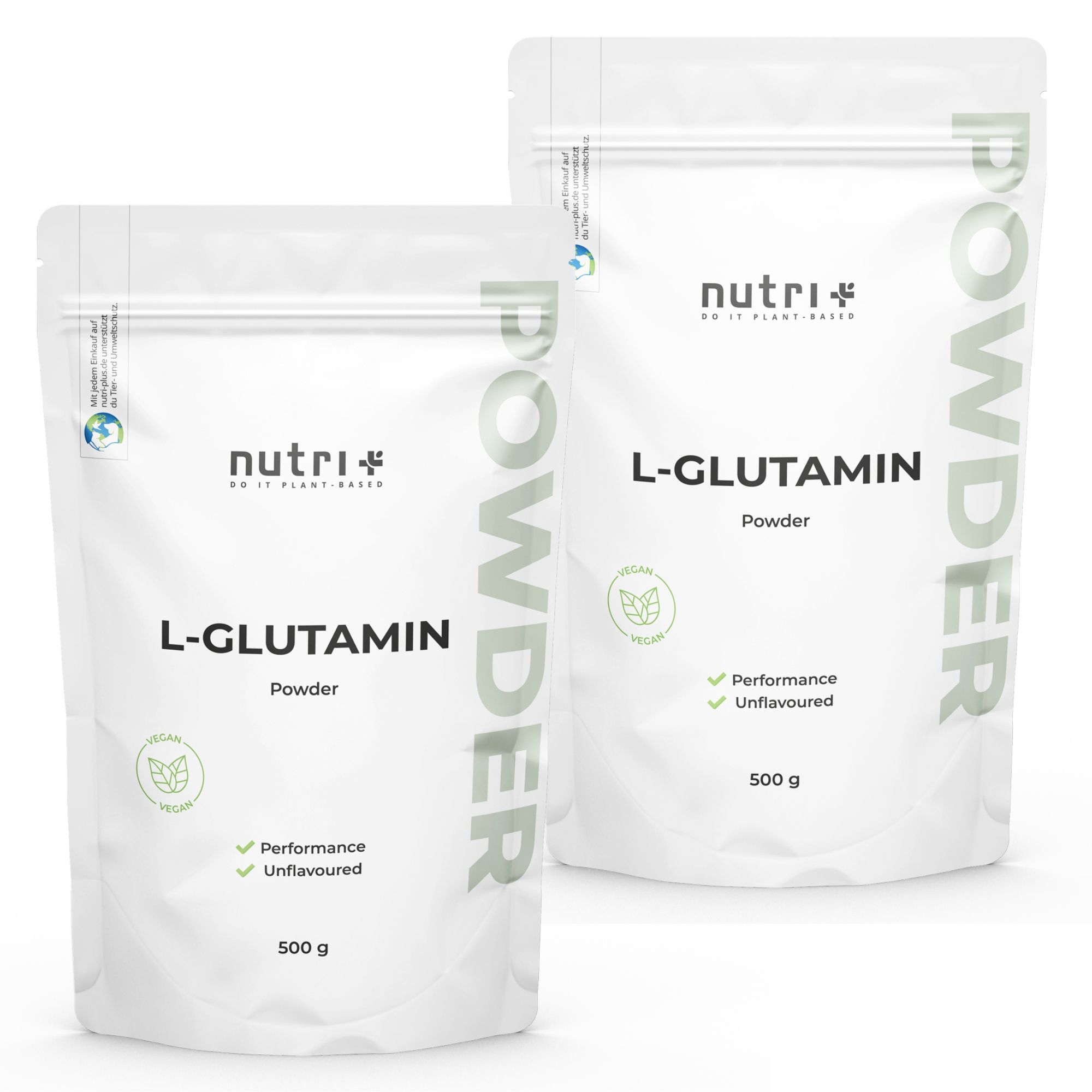 Twee zakken L-Glutamine poeder. Wit, groene accenten. Vegan, ongeparfumeerd. 500g. Merk: nutri+.