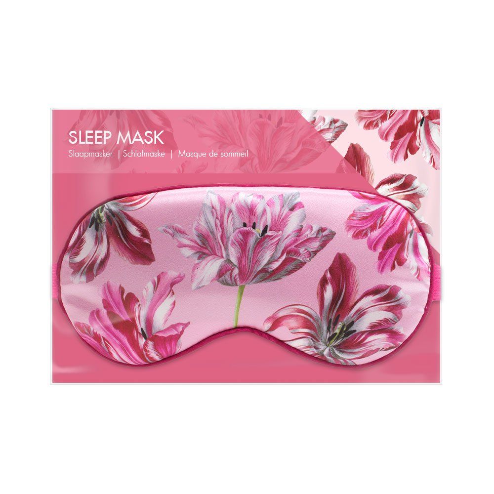 Slaapmasker met tulpenpatroon in verpakking. Tekst: Sleep Mask, Schlafmaske, Masque de sommeil.