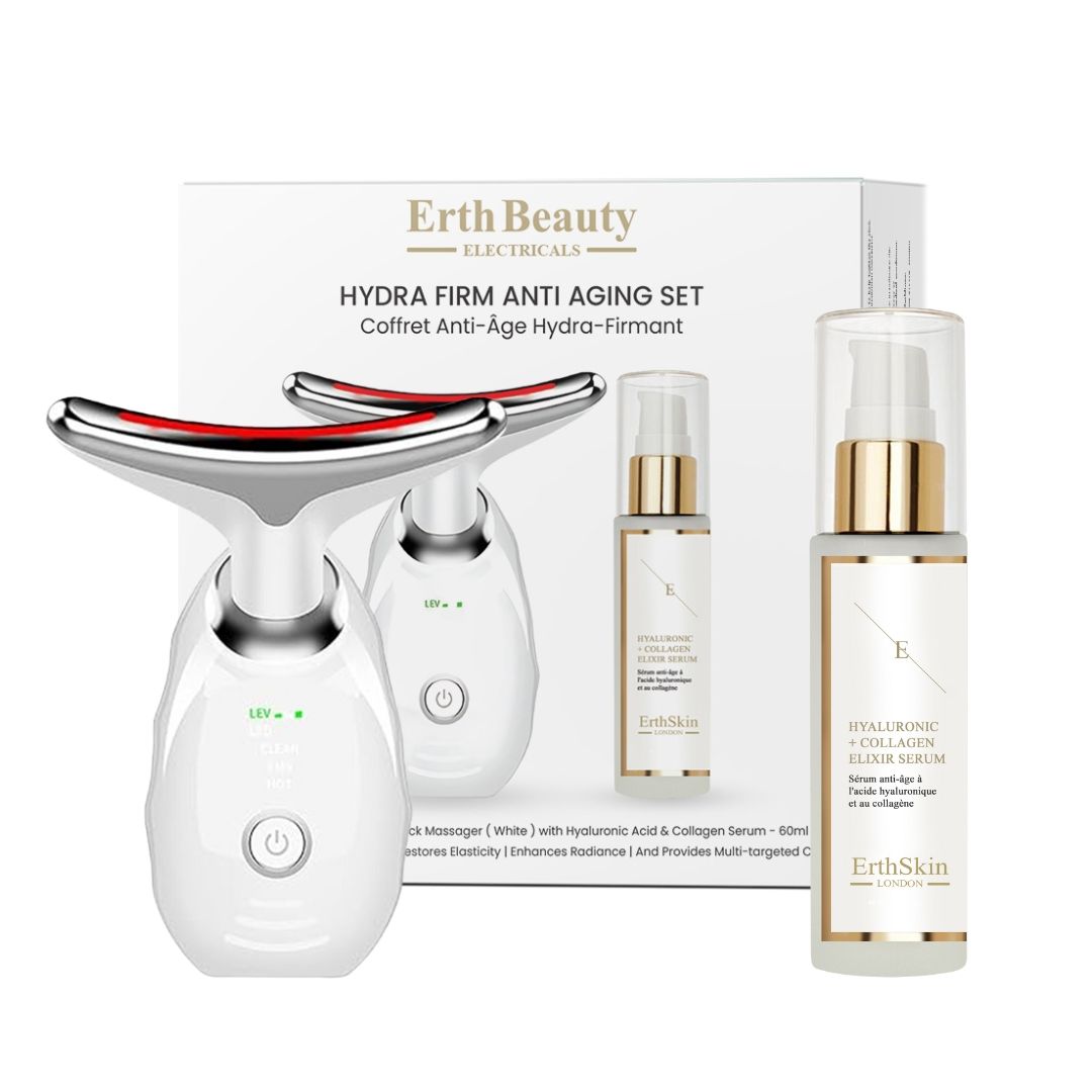 Erth Skin London Hydra Firm Anti-Aging Set met nek LED-massager en hyaluronzuur collageen elixer serum.