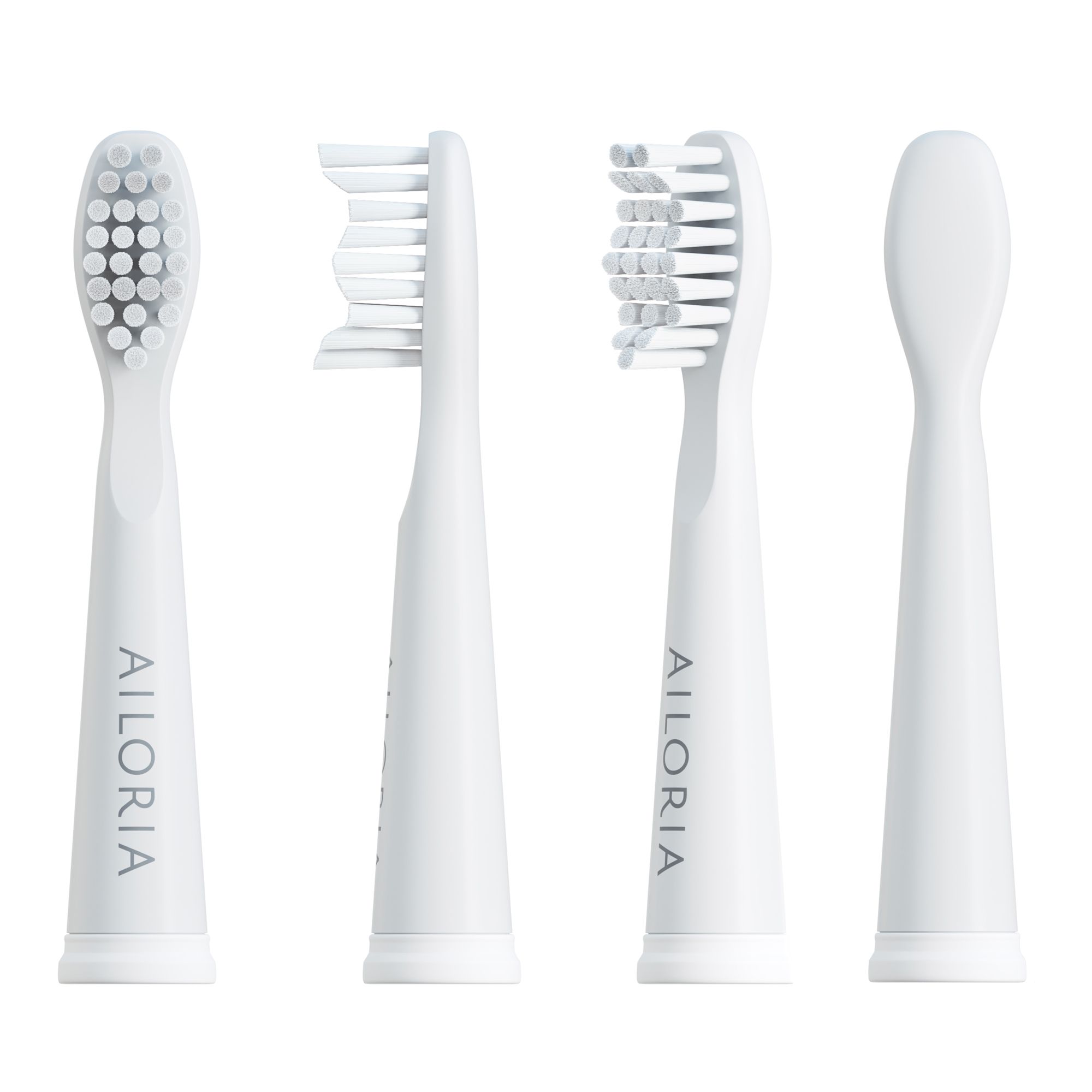 Quatre têtes de brosse blanches sous différents angles. Logo AILORIA sur deux têtes.