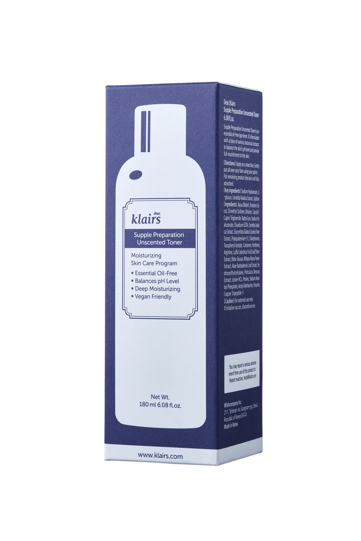 Paarse verpakking met productafbeelding. Opschrift: Dear Klairs Supple Preparation Unscented Toner. 180 ml.