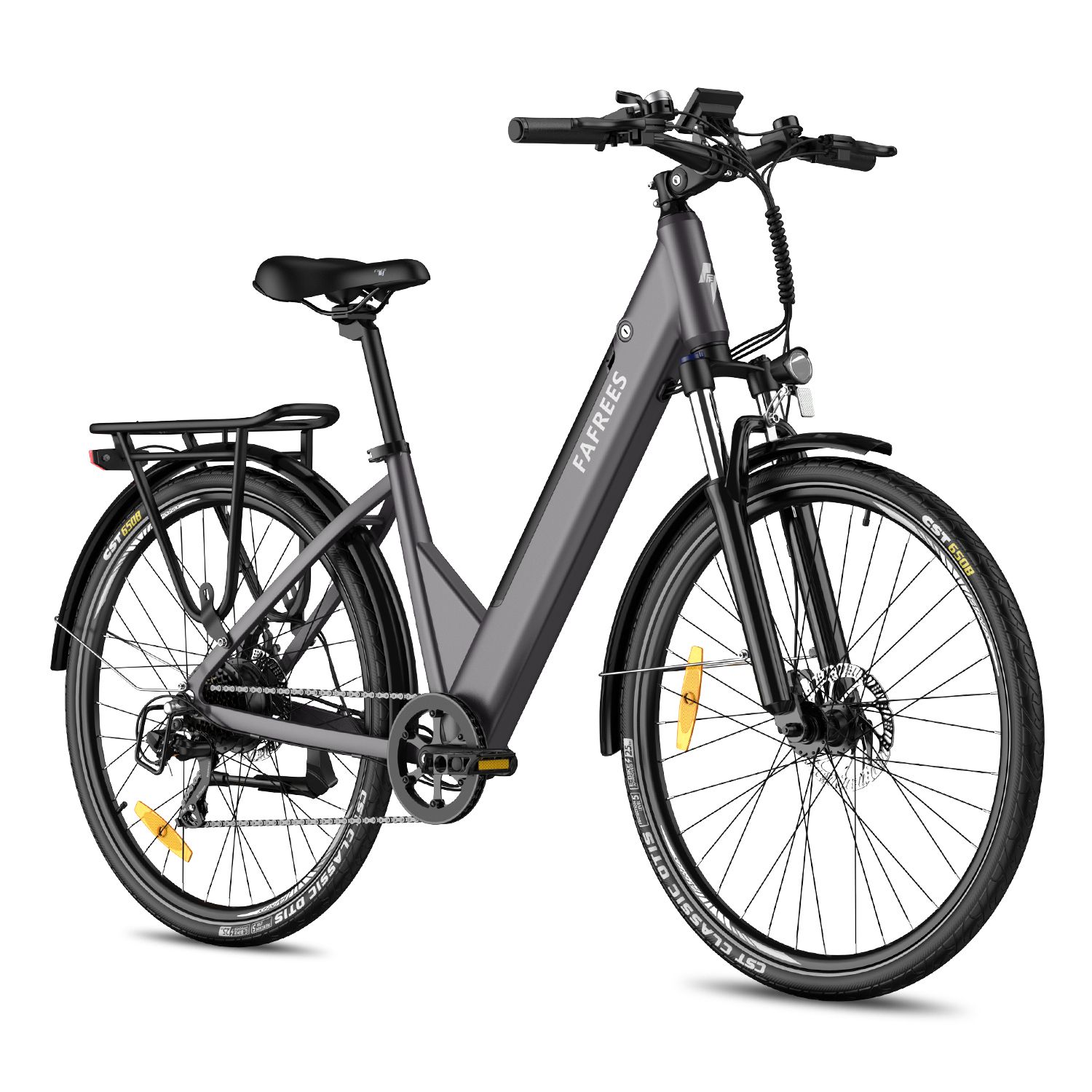Vélo électrique gris FAFREES avec porte-bagages et garde-boue. Pneus noirs avec détails jaunes.