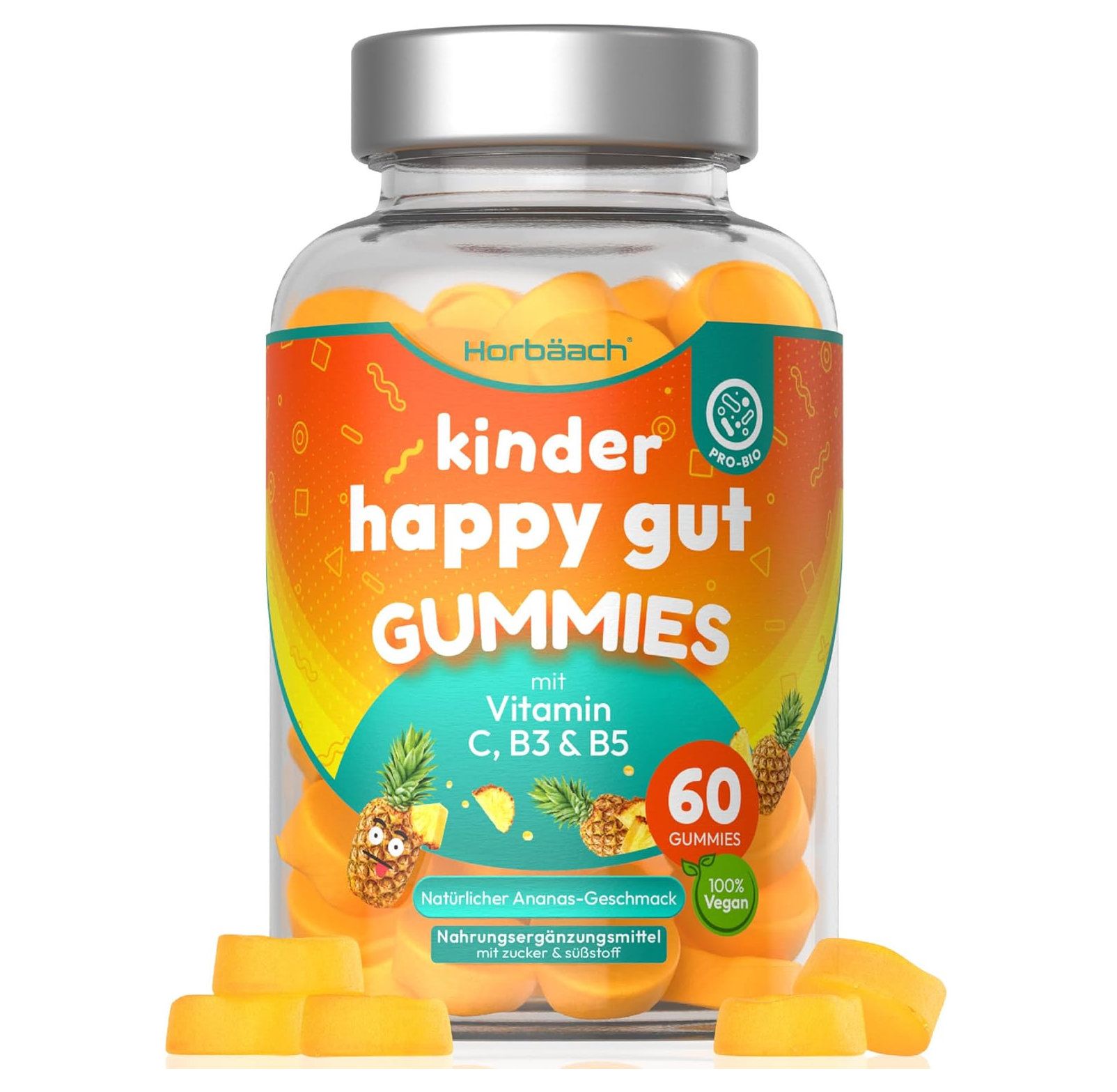 Flacon de gummies jaunes. Inscription : kinder happy gut GUMMIES avec Vitamine C, B3 & B5. 60 gummies. 100% Vegan.