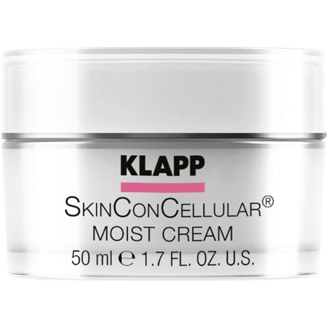 Crèmepot met Klapp-logo, SkinConCellular Moist Cream en tekst. 50 ml.