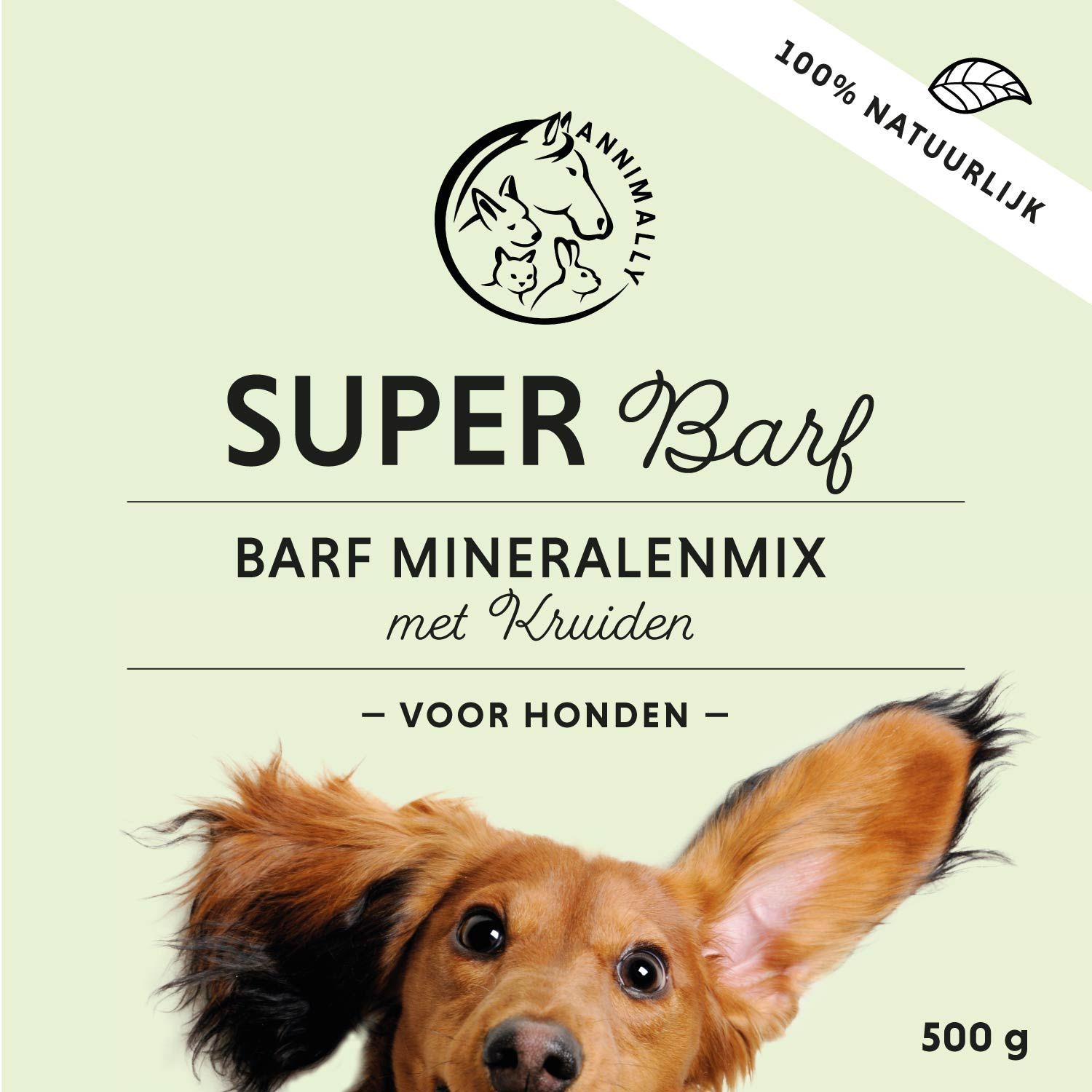 Groen etiket met "SUPER Barf". Afbeelding van een hond. 500 g. Barf mineralenmix met kruiden. Voor honden. Logo met paard, konijn en hond.