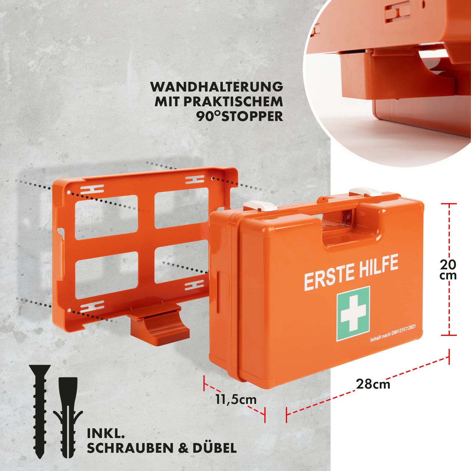 Trousse de premiers secours orange avec support mural et butée à 90°. Dimensions : 28x20x11,5 cm. Vis et chevilles incluses.
