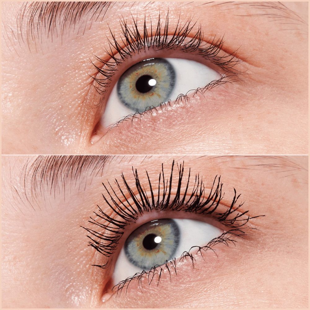 Deux yeux avec mascara. En haut : cils non maquillés. En bas : cils maquillés. Fond bleu pour les yeux.