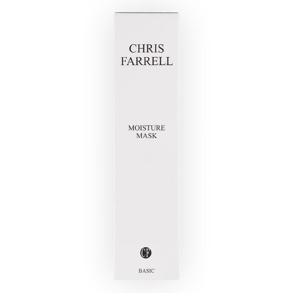 Emballage blanc avec texte "CHRIS FARRELL MOISTURE MASK". Logo en bas. "BASIC" en dessous.