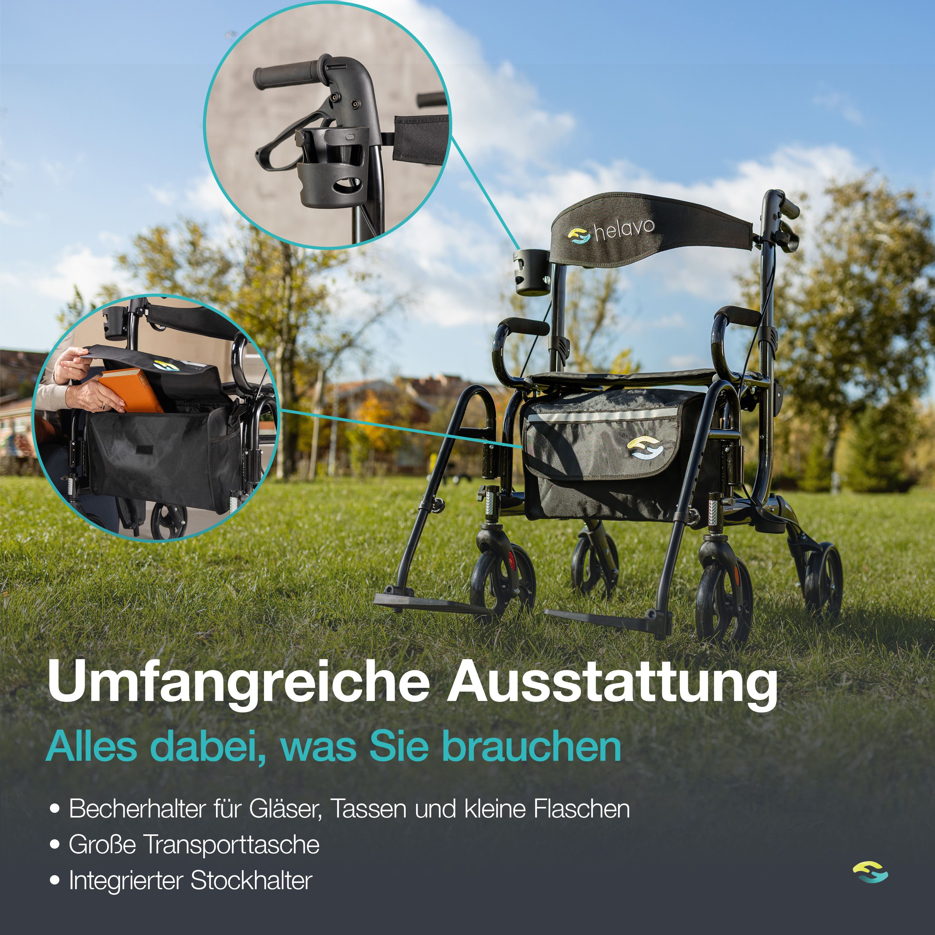 Rollator met detailweergaven van bekerhouder en tas. Tekst: Uitgebreide uitrusting. Alles wat u nodig heeft.