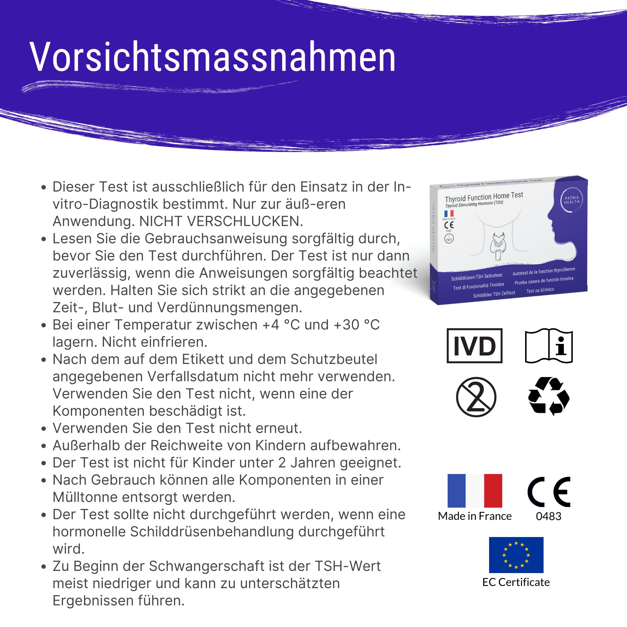 Plusieurs boîtes de test TSH Patris Health®. Emballage avec nom du produit, logo, certifications et nombre de tests.