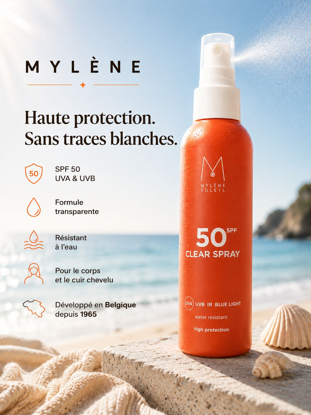Flacon spray orange avec tête blanche. Texte: 50 SPF Clear Spray. Logo et texte: UV, IR, Blue Light, résistant à l'eau, haute protection. Fond: plage.