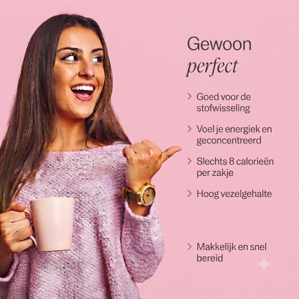 Jonge vrouw met mok, wijzend naar een lijst met voordelen.