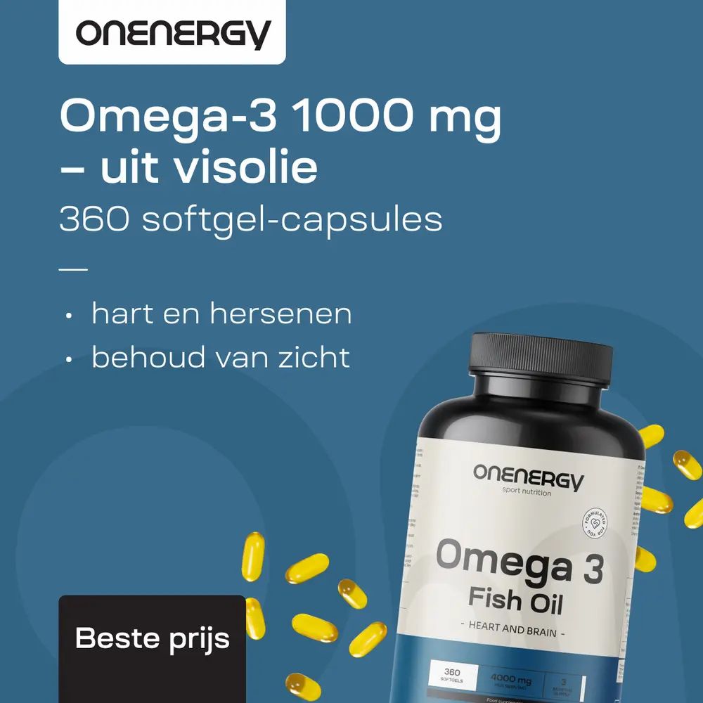 Fles Omega 3, capsules ernaast. Tekst: Omega-3 1000 mg - uit visolie. 360 softgel-capsules.