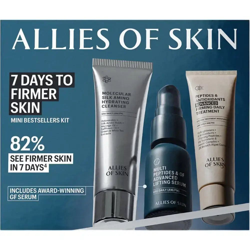 Kit ALLIES OF SKIN. Contient nettoyant, sérum et traitement. Texte: 7 jours pour une peau plus ferme, Mini Kit Best-sellers.