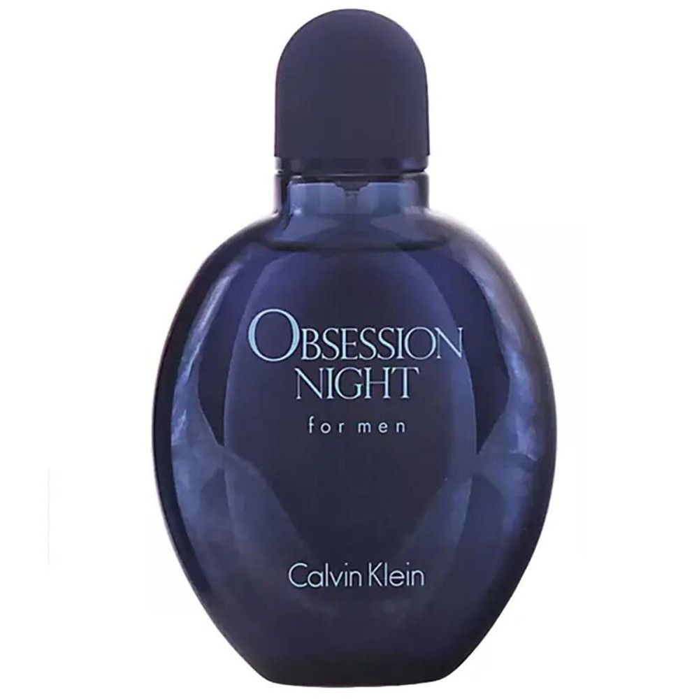 Flacon rond bleu foncé Calvin Klein Obsession Night for Men. Avec bouchon noir.