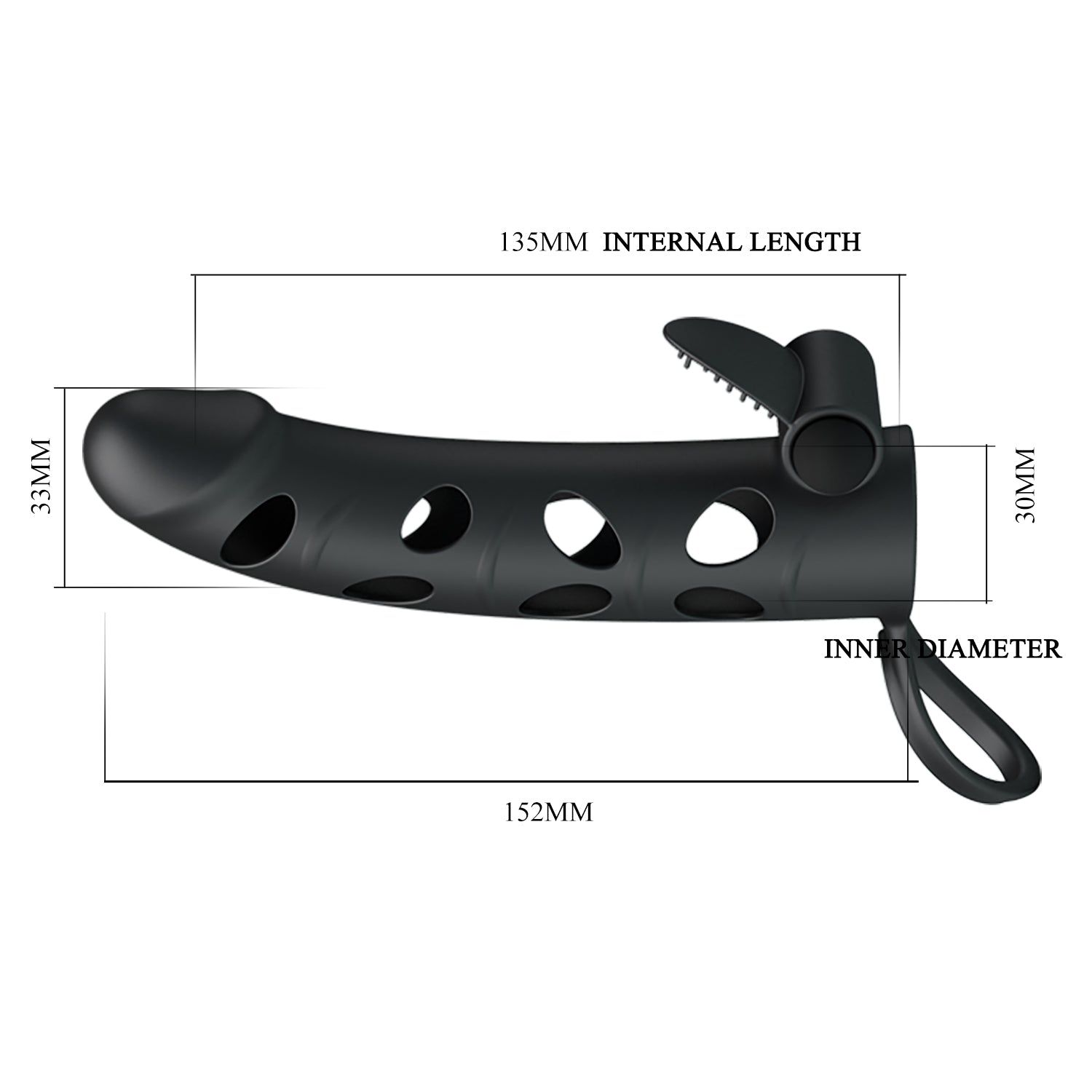 Allonge de pénis noire : 152mm longueur, 33mm largeur, 30mm diamètre intérieur. Motif ajouré, anneau.