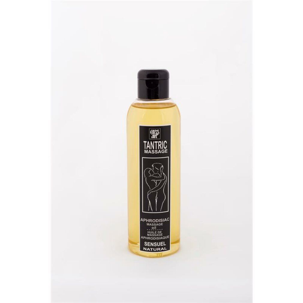 Huile de massage tantrique jaune dans une bouteille transparente avec bouchon noir. Étiquette avec un couple.