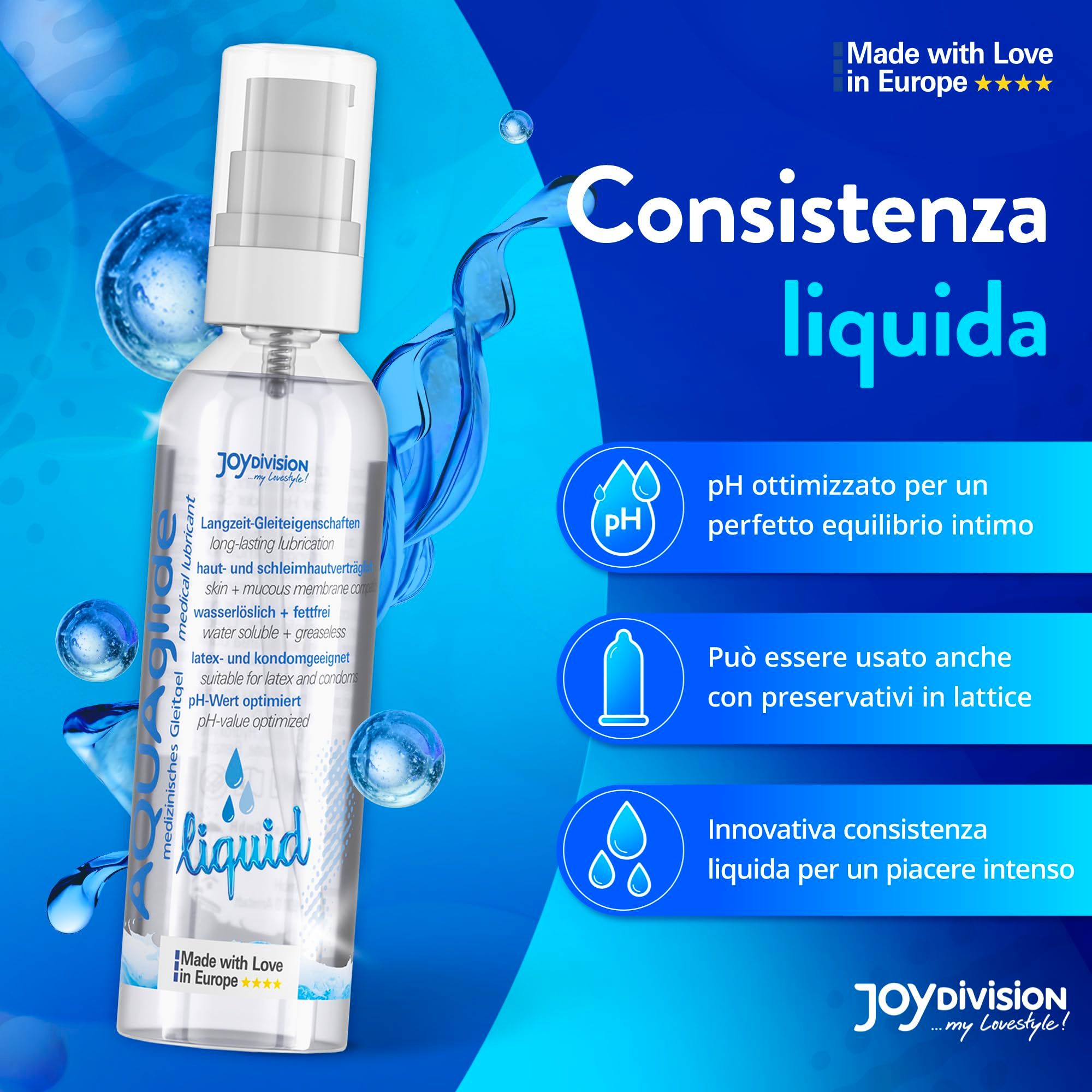 Joydivision AQUA GLIDE Liquid glijmiddel, pH-geoptimaliseerd, latex-compatibel.