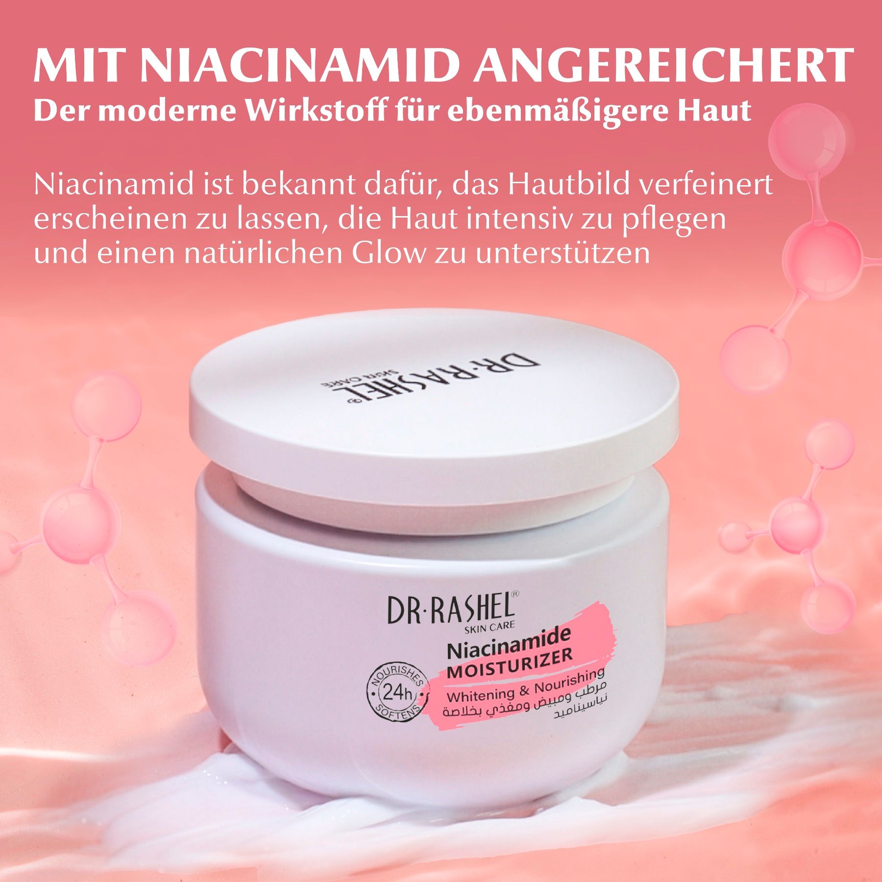 Pot de crème blanc avec inscription 'Dr. Rashel Niacinamide Moisturizer'.