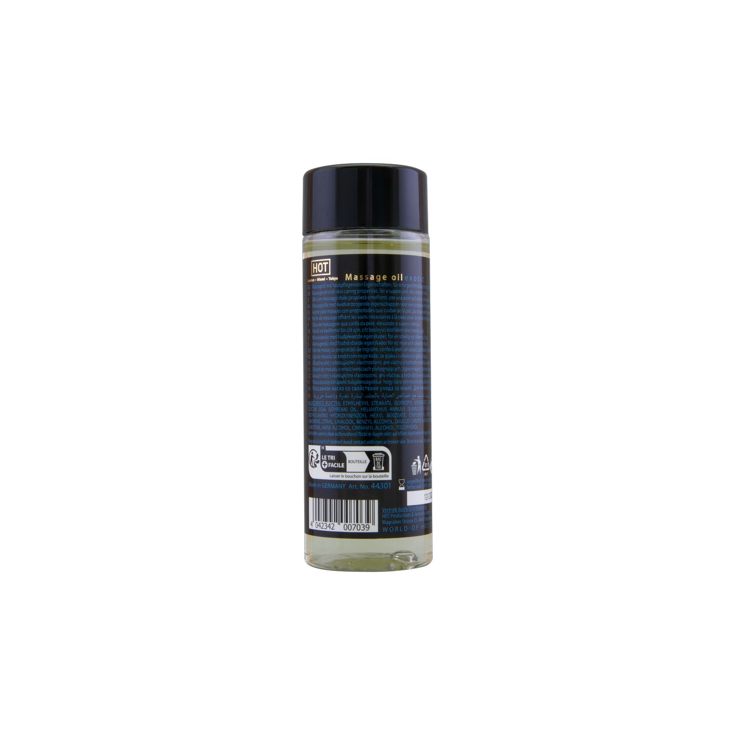 Cilindrische fles met zwarte dop. Etiket met tekst en barcode. Productnaam: Massage Oil.
