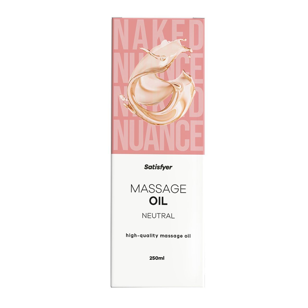 Satisfyer Massageolie Neutraal, 250ml fles met spat-afbeelding en 'Naked Nuance' tekst.