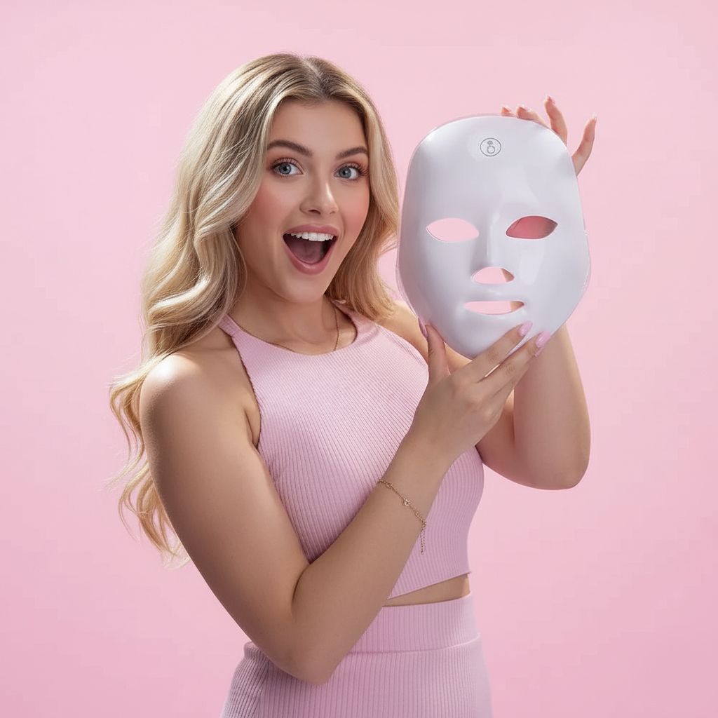 Witte LED-gezichtsmasker, vastgehouden door een vrouw. Het masker heeft openingen voor ogen, neus en mond. De vrouw lacht.