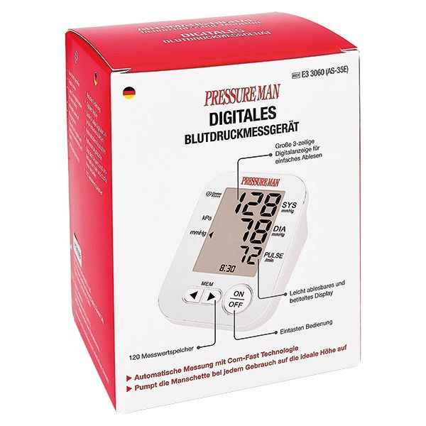Bloeddrukmeter in rode verpakking. Apparaat met display en knoppen. "PRESSURE MAN" logo. Tekst: Digitale bloeddrukmeter.