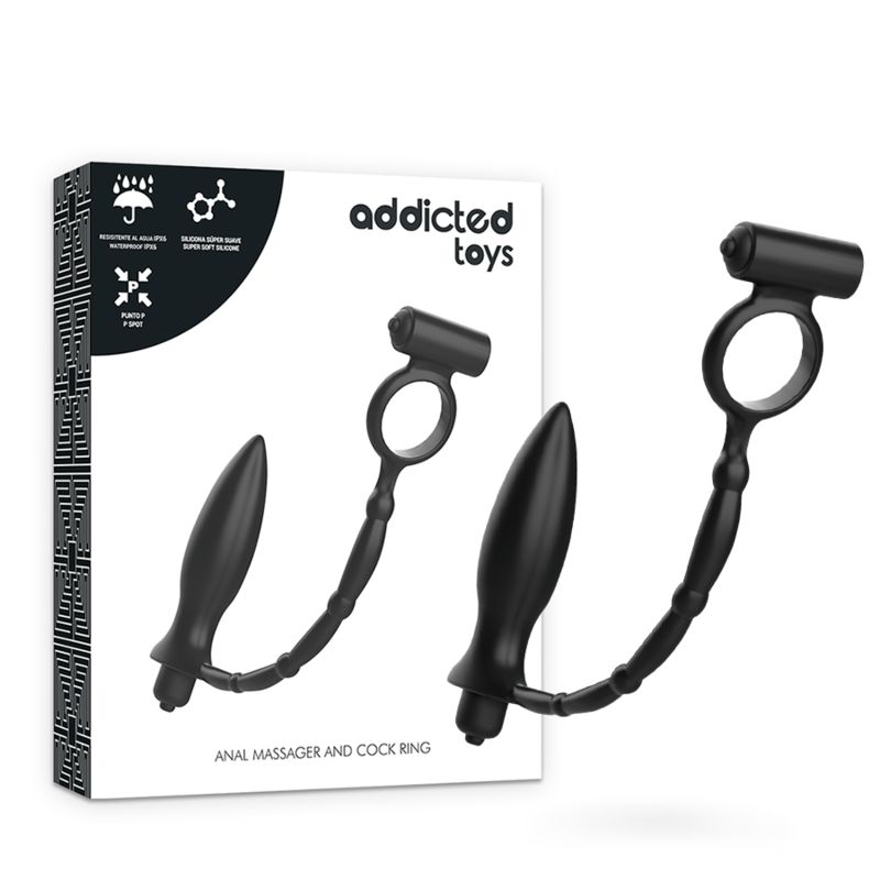 Addicted Toys Plug anal avec anneau vibrant et emballage. Noir, silicone.
