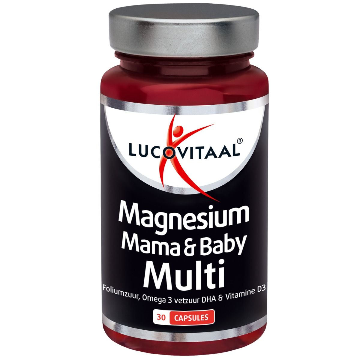 Bruine fles met Lucovitaal Magnesium Mama & Baby Multi. Bevat 30 capsules. Zwart etiket met productinformatie.
