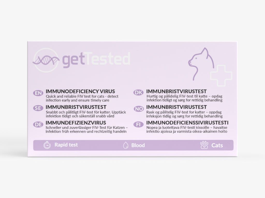 Test GetTested Immundefizienz pour chats. Emballage avec nom du produit, logo et informations multilingues. Pour chats, sang, test rapide.